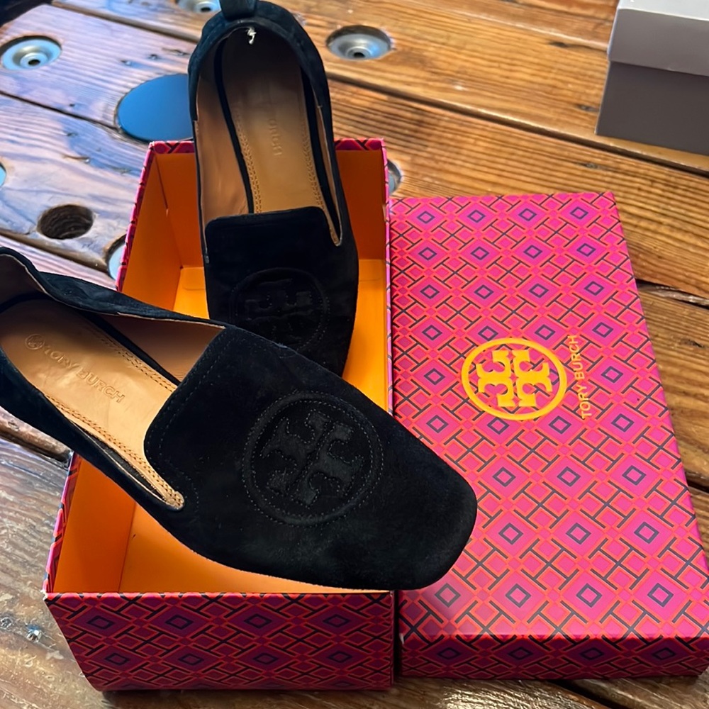 Tory Burch black suede elastic loafers